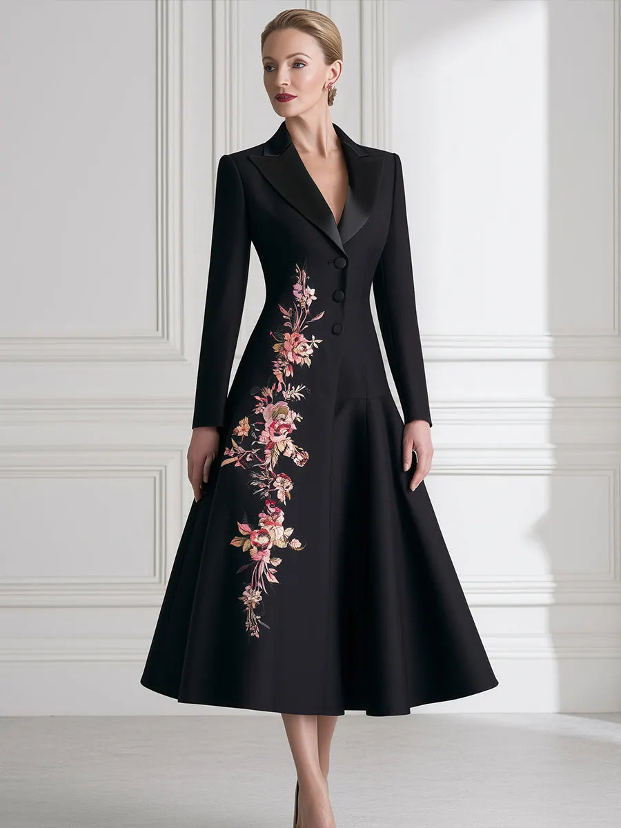 Floral Embroidered A-Line Blazer Midi Dress