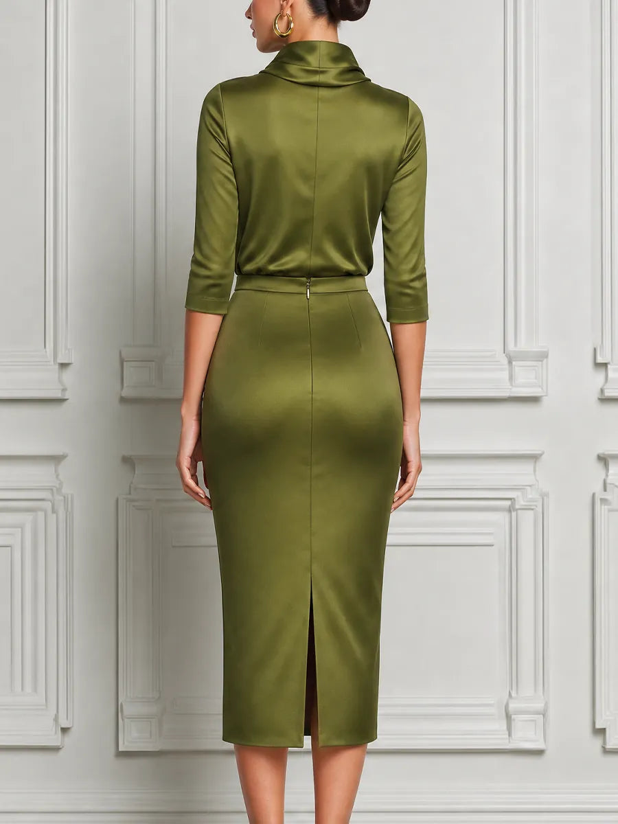 Olive Green Satin Draped Cowl Neck Pencil Midi Dress