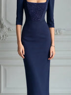 Navy Dress Fall Wedding Guest Dress Embellished Square Neck Pencil Midi Dress