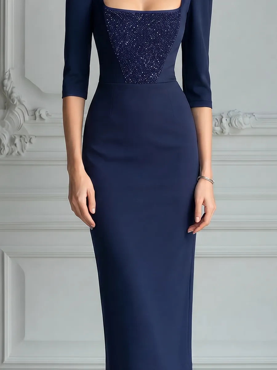 Navy Dress Fall Wedding Guest Dress Embellished Square Neck Pencil Midi Dress
