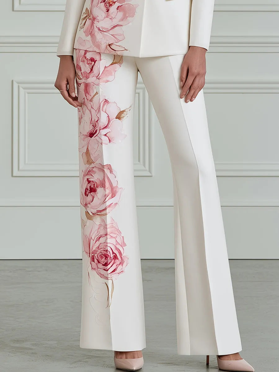 Watercolor Rose Print Tailored Blazer And Flared Trouser Two-Piece Set