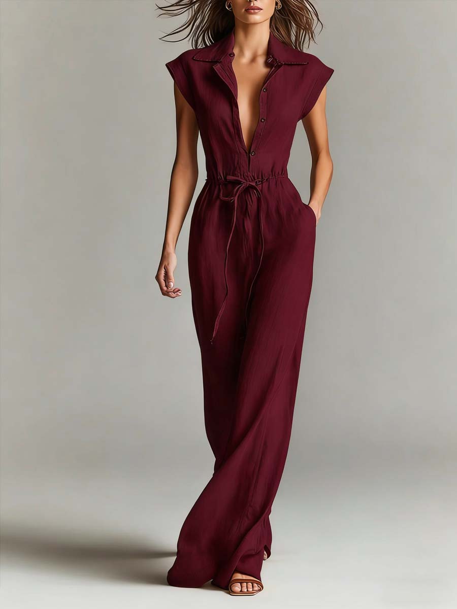 Women's Linen Dress With Collared Neck Drawstring Waist Timeless Resort-chic Style Dress