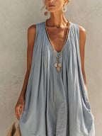 Blue Cotton Blend Sleeveless Balloon Midi Dress
