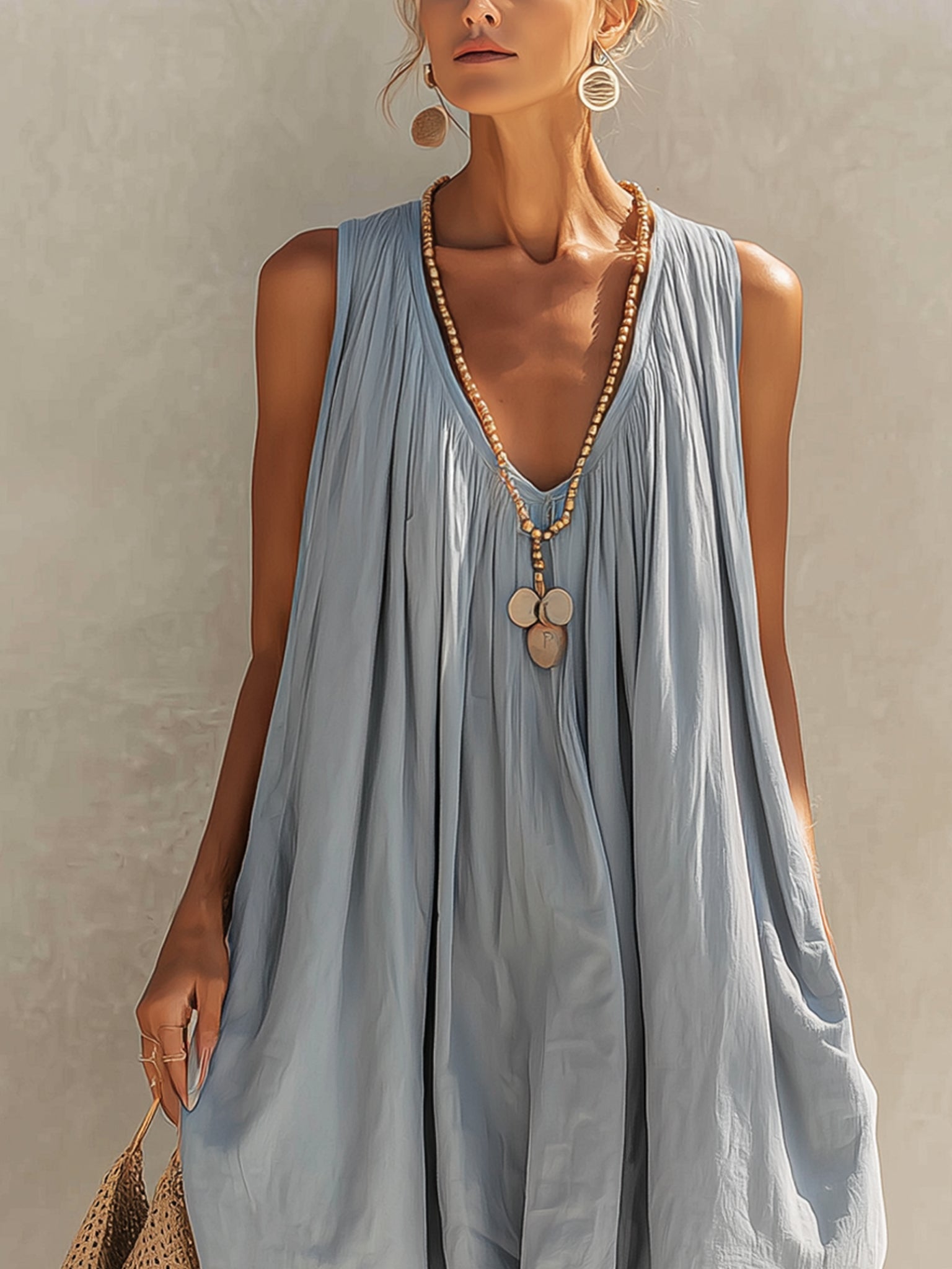 Blue Cotton Blend Sleeveless Balloon Midi Dress