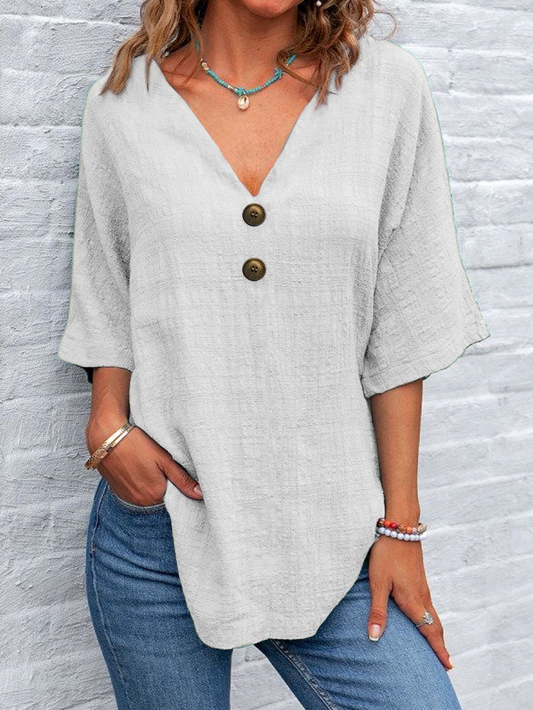 Women's Solid Color Button Linen V-neck T-shirt