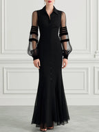 Collared Sheer Striped Mesh Puff Sleeve Fishtail Mermaid Maxi Dress