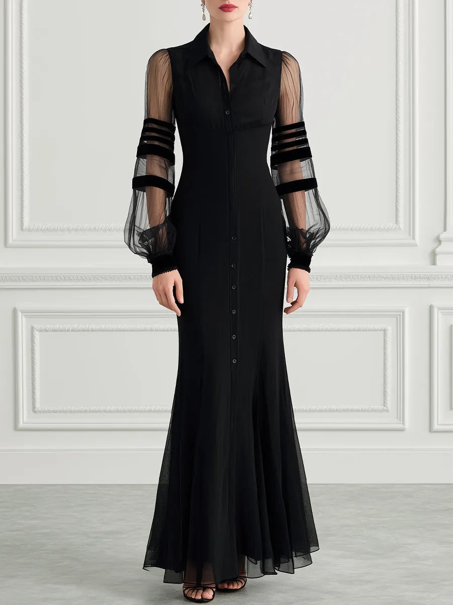 Collared Sheer Striped Mesh Puff Sleeve Fishtail Mermaid Maxi Dress