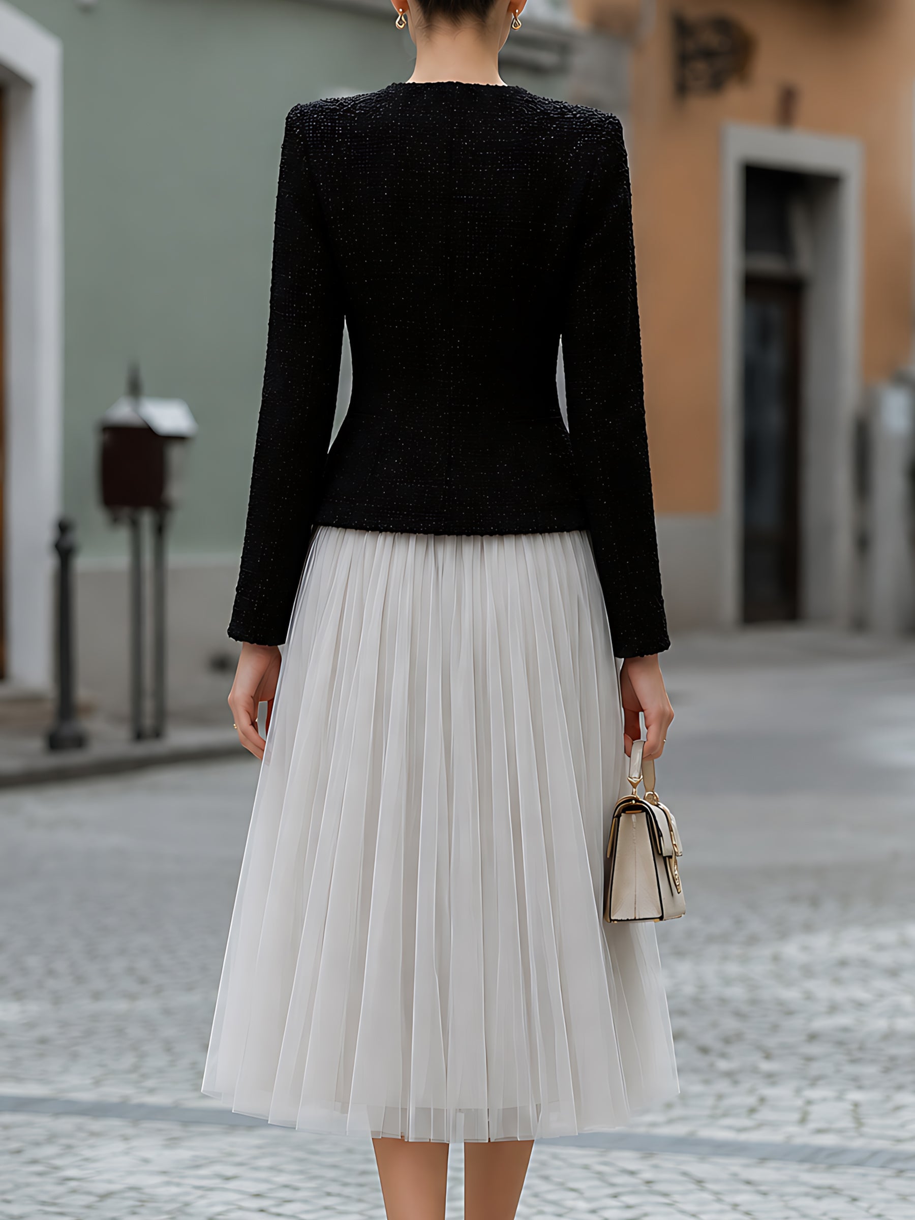 Tweed Jacket And Tulle Midi Skirt Set
