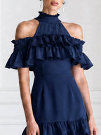 Elegant Cold Shoulder Smocked Ruffle Layered Cake Midi Dress