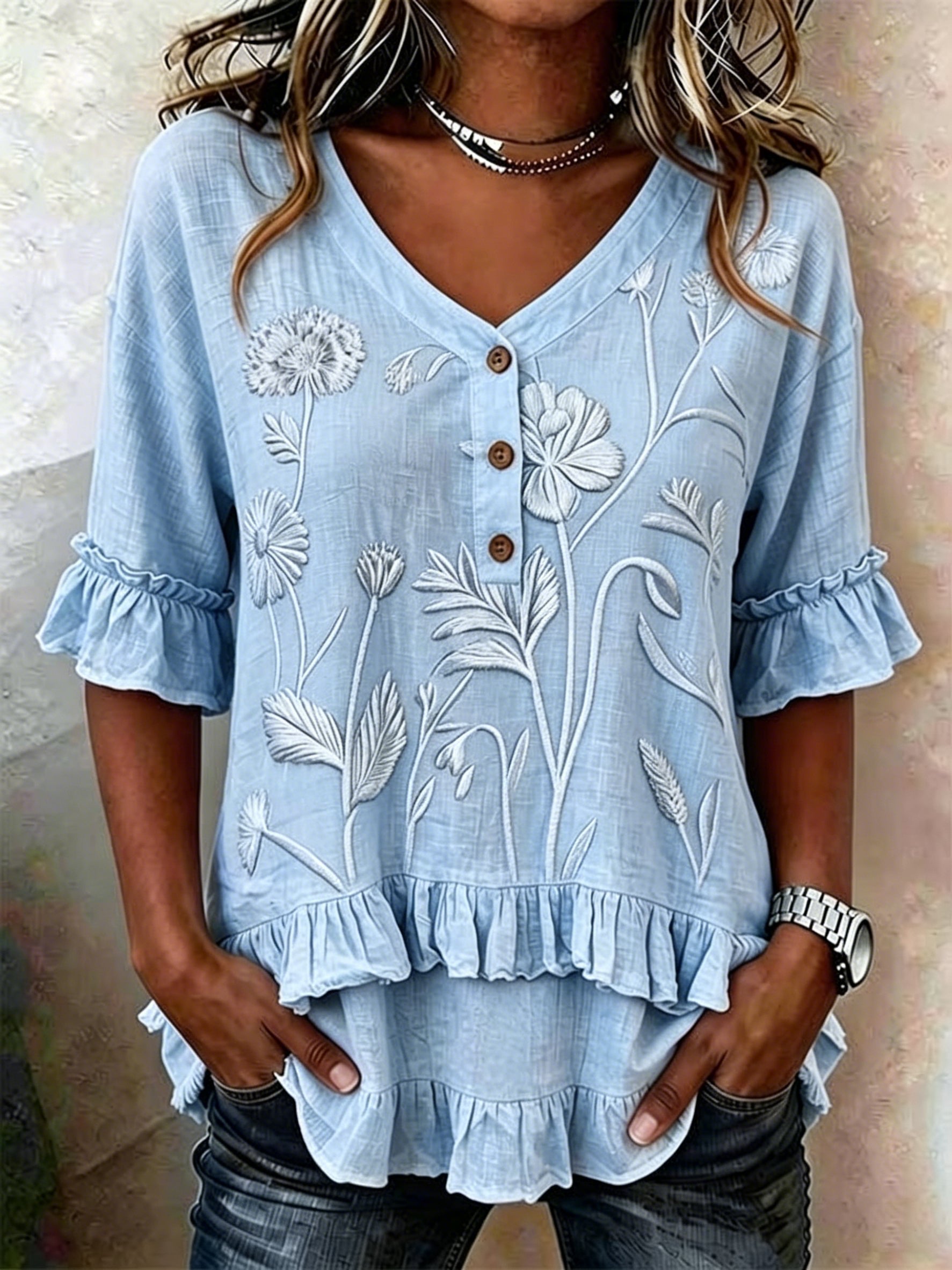 Retro Floral Embroidered V-neck Ruffled Loose-fit Shirt