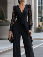 Lace-Sleeve Ruffle Wide-Leg Jumpsuit