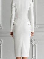 White V Neck Button Front Pencil Blazer Midi Dress