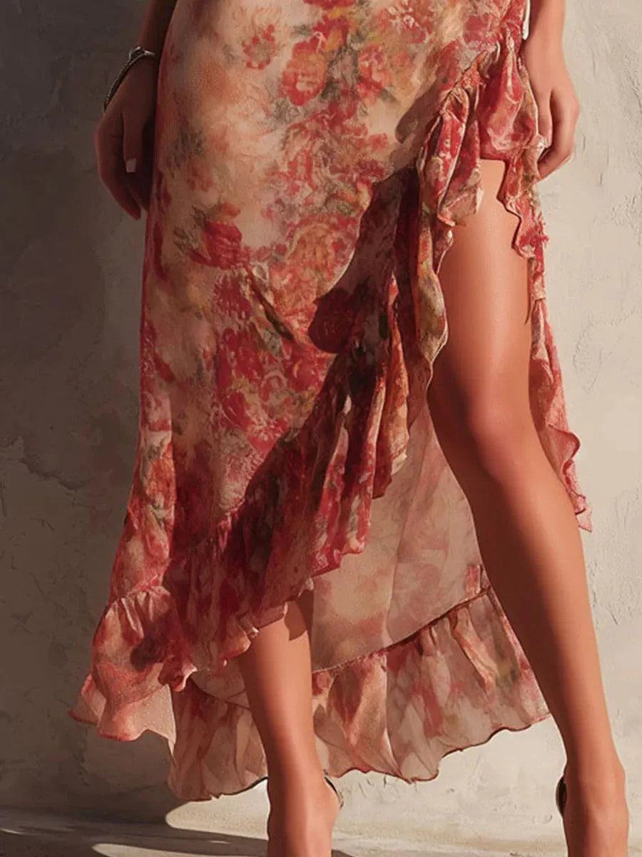 Brick Red Rose Print Chiffon Asymmetrical Suspender Maxi Dress