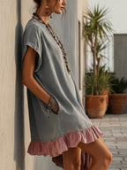 Gray Washed Loose Mini Dress With Pink Ruffles