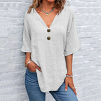 Women's Solid Color Button Linen V-neck T-shirt