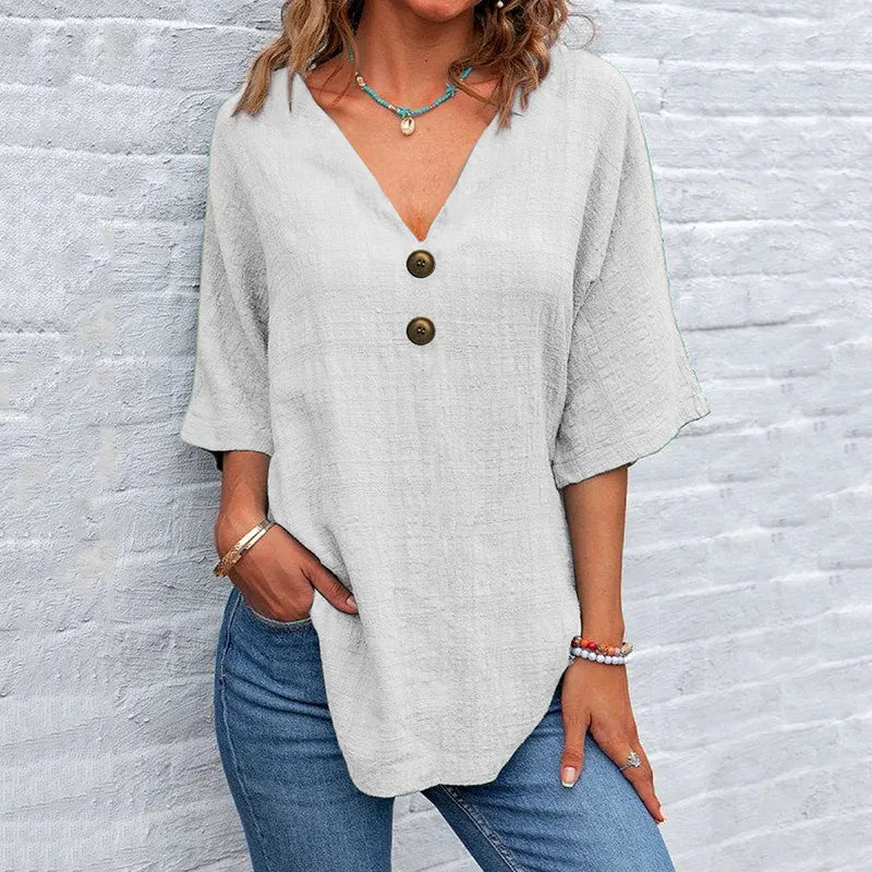 Women's Solid Color Button Linen V-neck T-shirt