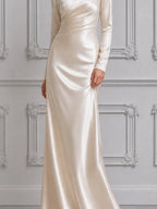 White Dress Satin Ruched Long Sleeve Maxi Dress