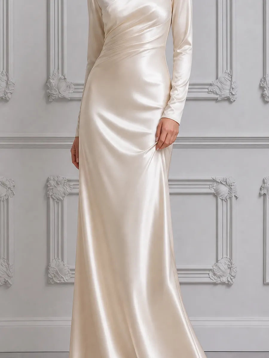 White Dress Satin Ruched Long Sleeve Maxi Dress