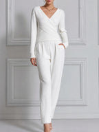 White Stockholm Style Ribbed Knit Wrap Top & Wide Leg Pants Set