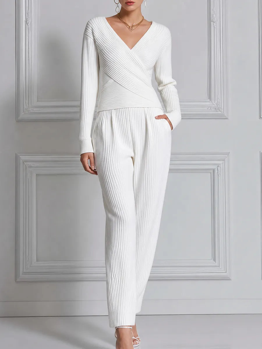 White Stockholm Style Ribbed Knit Wrap Top & Wide Leg Pants Set