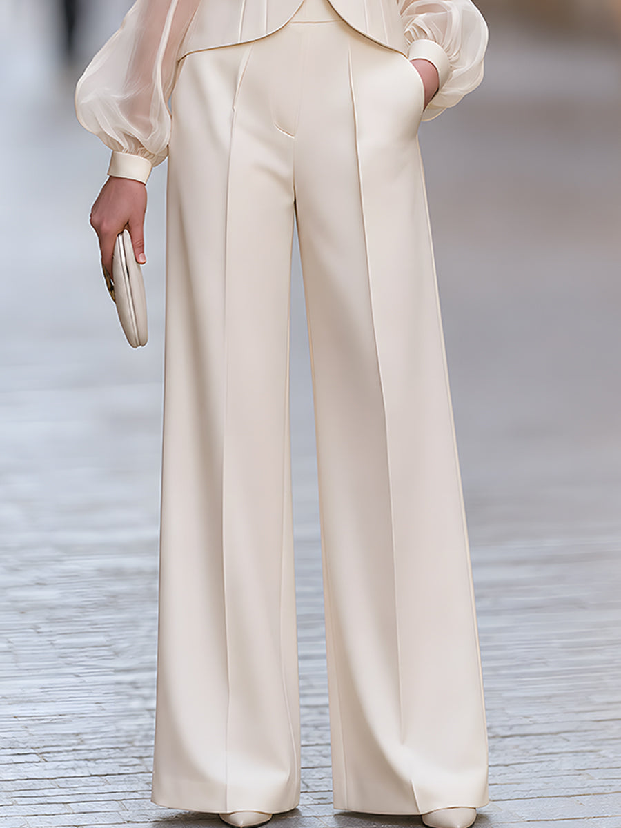 Ivory Sheer Sleeve Blazer With Wide Leg Trousers Set