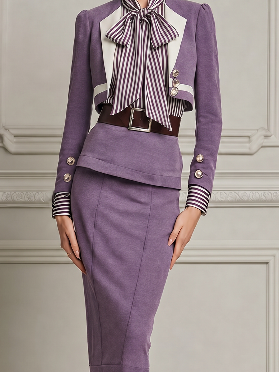 Lavender Stripe Bow Neck Cropped Blazer & Pencil Midi Skirt Two-Piece Suit Set