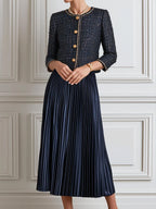 Tweed Cropped Jacket & Satin Pleated Midi Skirt Set