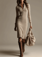 Minimalist Beige Knit Bodycon Midi Dress