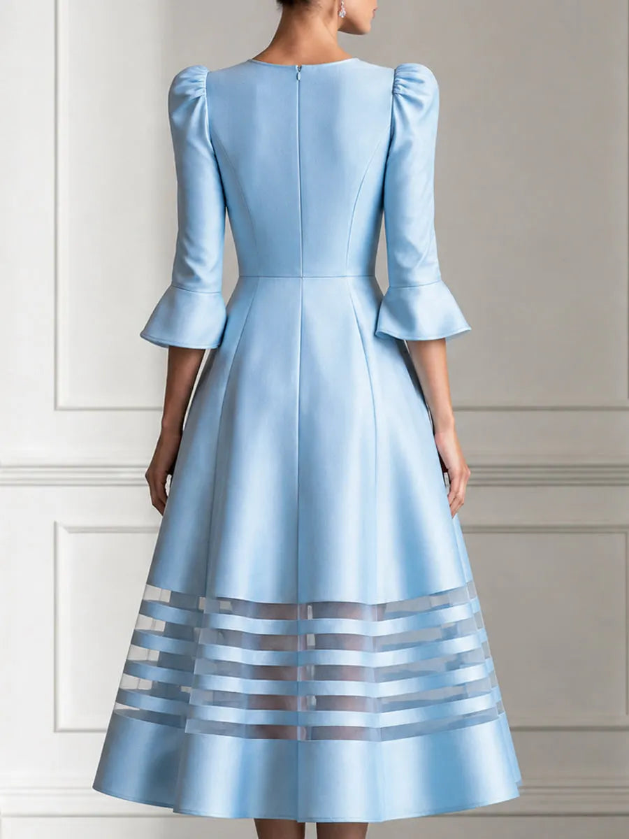 Elegant Puff Sleeves & Sheer Stripe Hem A-Line Midi Dress