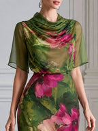 Elegant Floral Print Draped Cowl Neck Chiffon Midi Dress