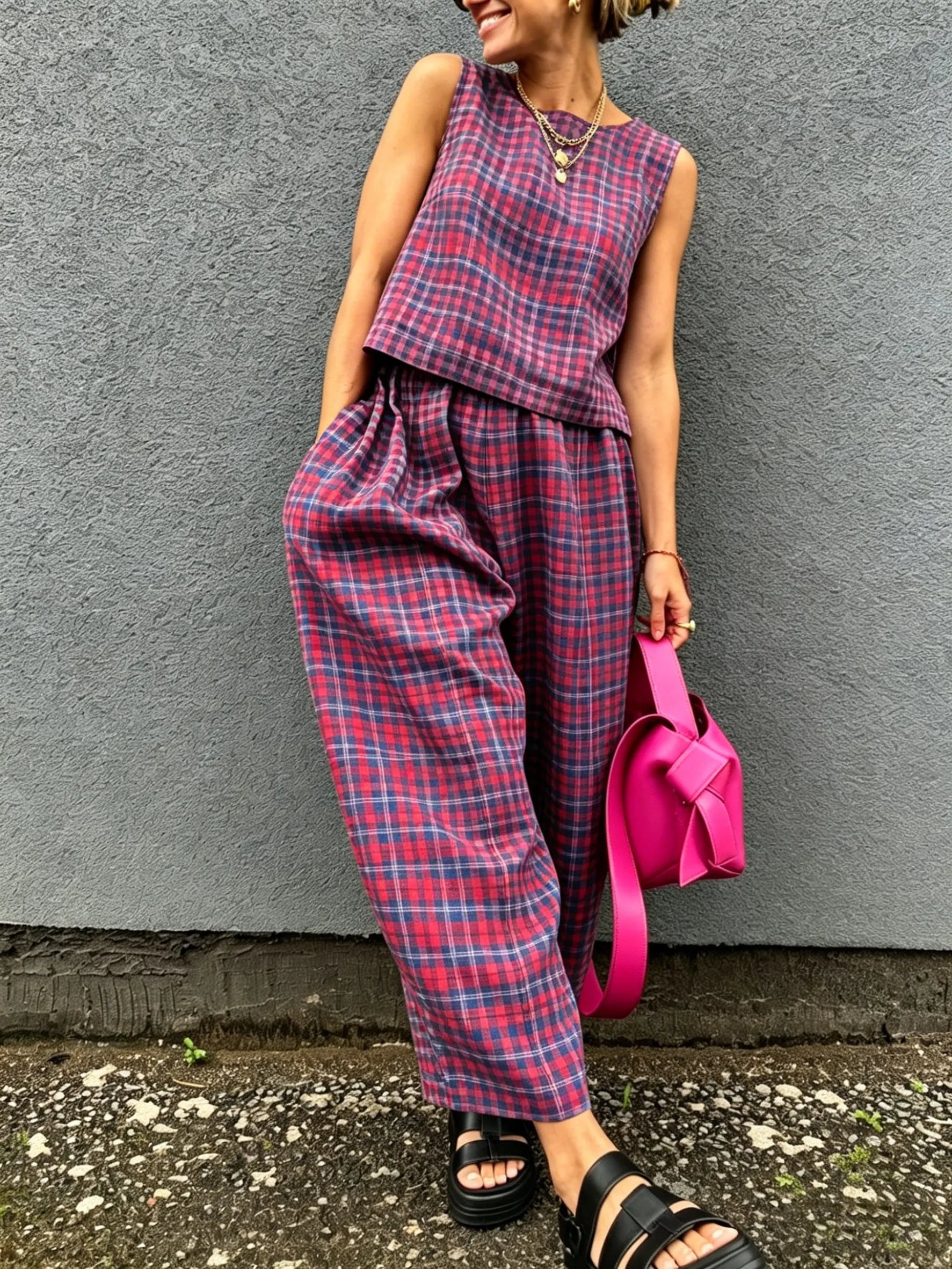 Retro Plaid Sleeveless Top& Wide-leg Pants Two-piece Set