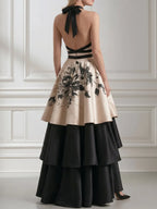 Floral Contrast Halter Tiered Satin Evening Gown