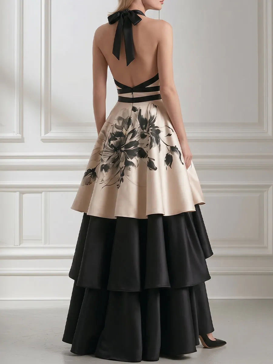 Floral Contrast Halter Tiered Satin Evening Gown