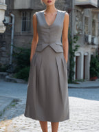 Tailored Vest & Pleated A-Line Midi Skirt Set