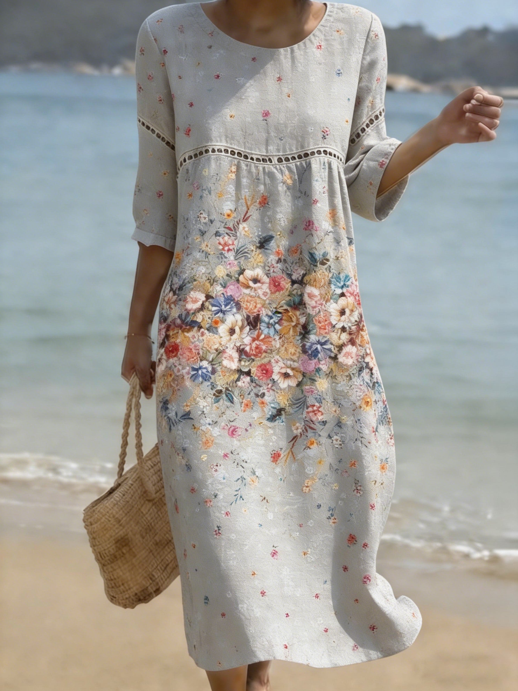 Women's Folk Flowers Print Crew Neck Cotton Pocket Dress