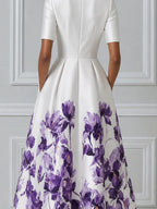 Ivory Purple Watercolor Iris Print Round Neck Pleated A-Line Midi Dress