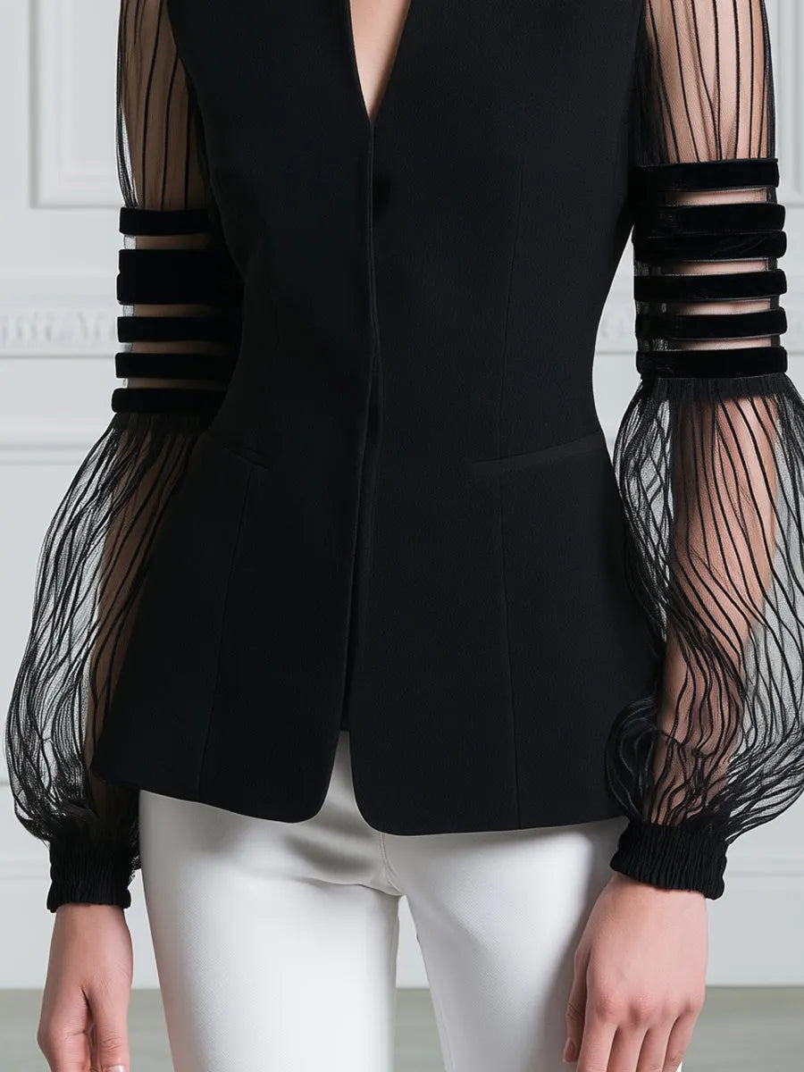 Stand Collar Sheer Striped Mesh Balloon Sleeve Tailored Blazer