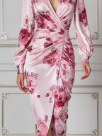 Pink Floral Dress Fall Wedding Guest Dress Satin Wrap Midi Dress
