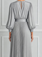 Silver Grey Pleated Maxi Dress With Lace Paneling And Puff Sleeves