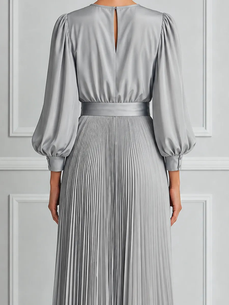 Silver Grey Pleated Maxi Dress With Lace Paneling And Puff Sleeves