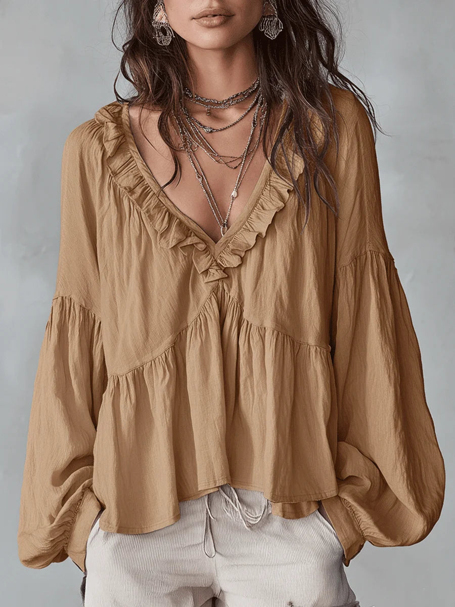 Women's Solid Color Retro Ruffled Casual Cotton Linen Shirt