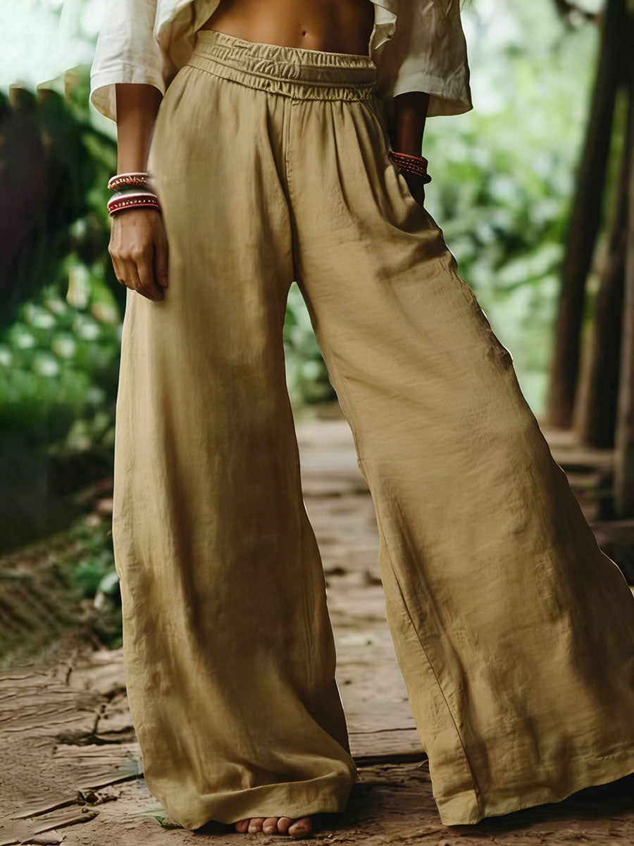 Women's Solid-color Elastic Waist Casual Cotton-linen Wide-leg Pants