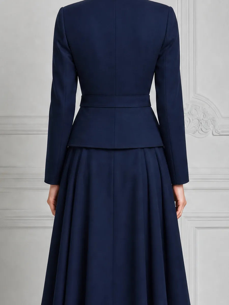 Navy Blue Color-Block Jacket And Pleated A-Line Skirt Set