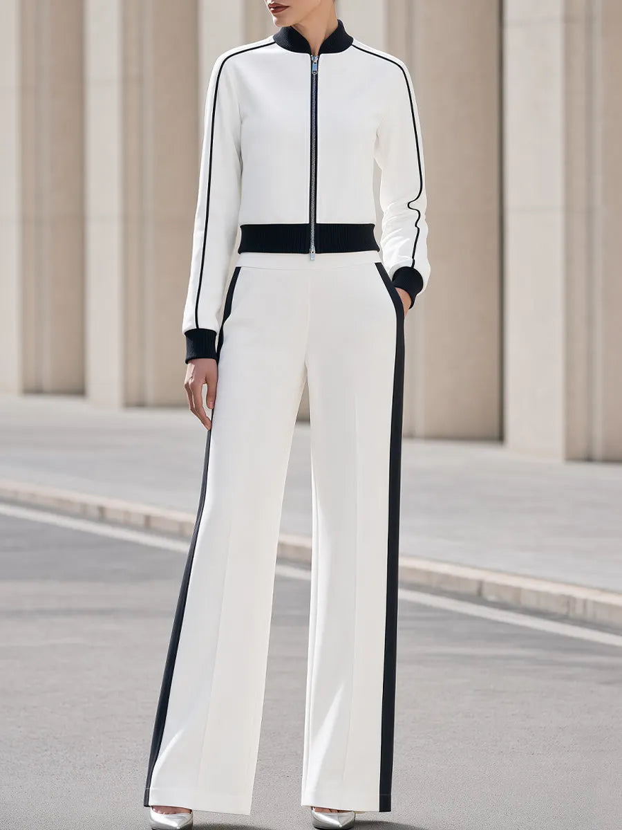 White Black Stripe Zip Up Track Co-Ord Set