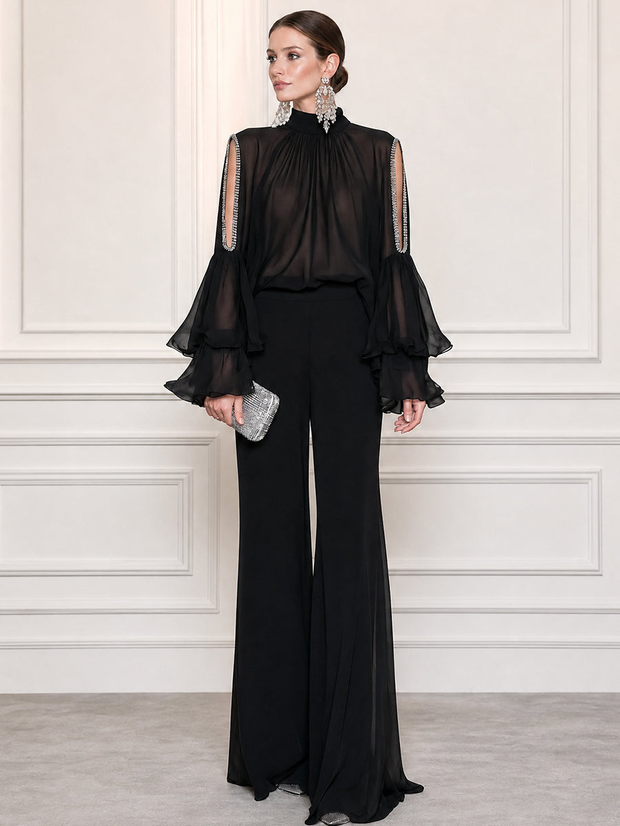 Sheer Chiffon High Neck Cold Shoulder Ruffle Sleeve Blouse with Wide Leg Pants Set