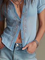 Retro Lace-Placket Cotton-Linen Blouse