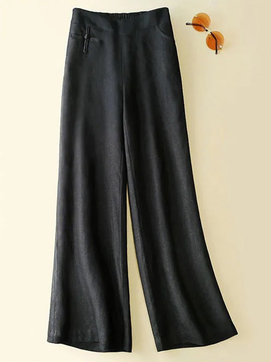 Women's Solid Color Button Half Elastic High Waist Casual Cotton and Linen Wide Leg Pants