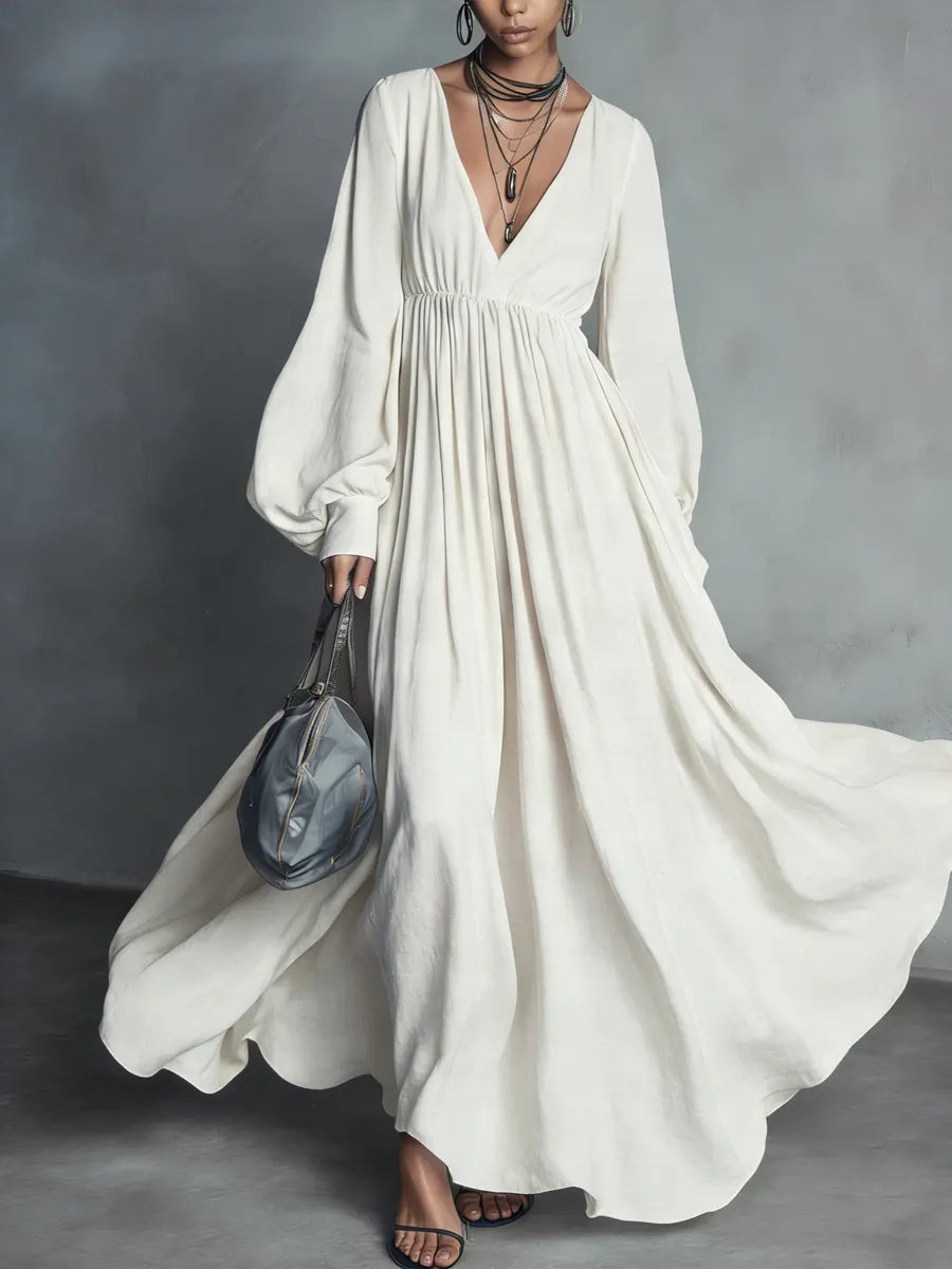 Women's Minimalist V-neck Cotton Linen Dress