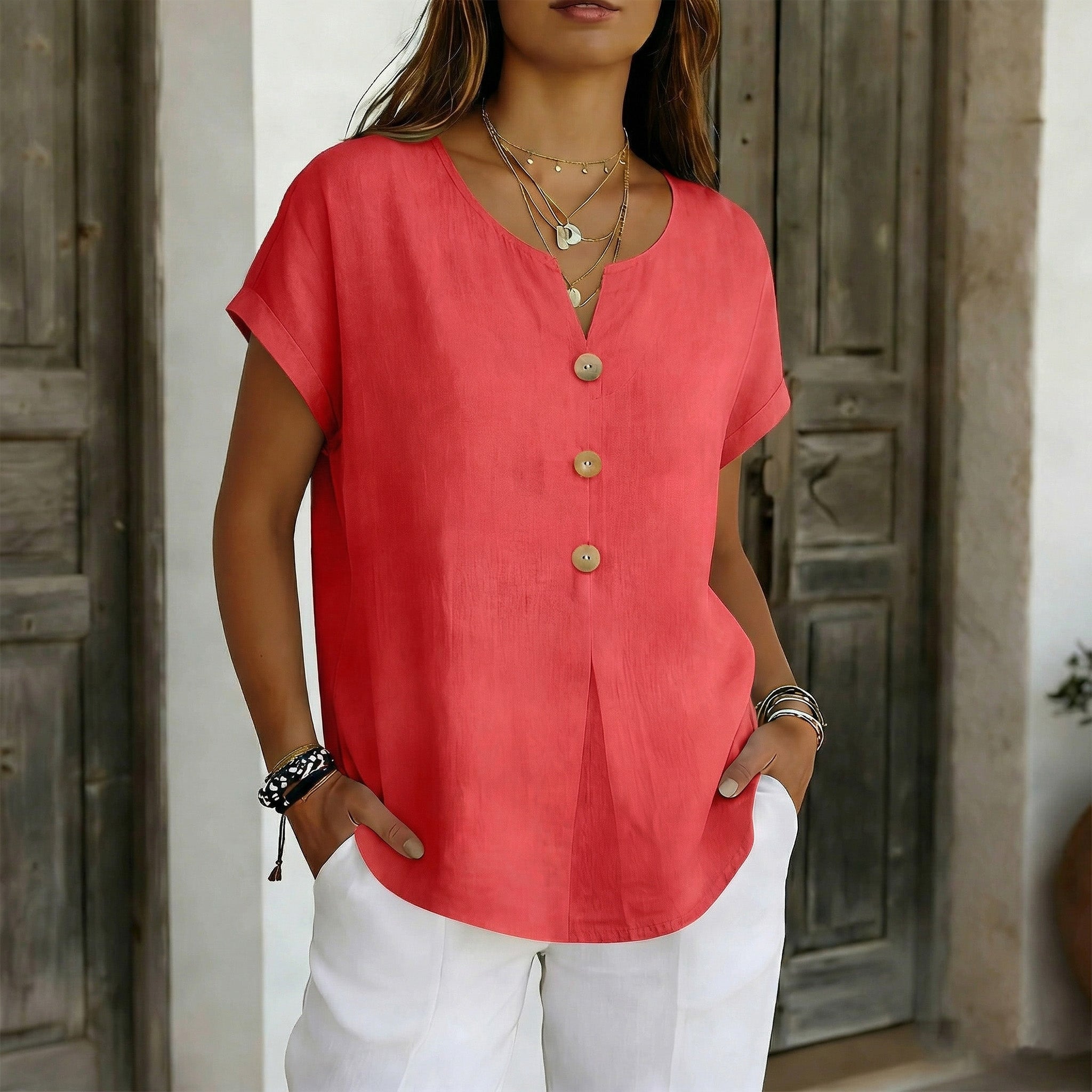 Women's Solid Color Short Sleeve Button Design Linen Blend T-shirt