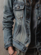 Washed And Faded Utility Denim Jacket With Epaulettes